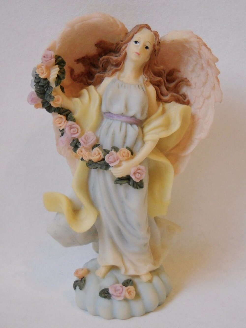 Angel Woman Figurine Resin White Pink Wings Floral Blue Dress Base Collectible
